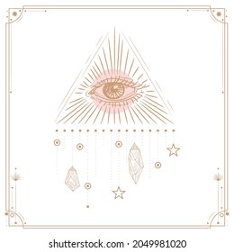 Ilustración vectorial de las fases de la luna. Diferentes etapas de actividad de la luna en estilo de grabado vintage. Señales de Zodiac, cristales brillantes, mano femenina