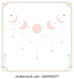 Vector illustration set of moon phases. Different stages of moonlight activity in vintage engraving style. Zodiac Signs, shining crystals.