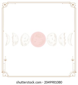 Vector illustration set of moon phases. Different stages of moonlight activity in vintage engraving style. Zodiac Signs, shining crystals