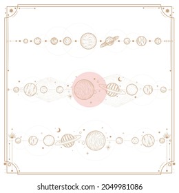 Vektorgrafik-Satz von Mondphasen. Unterschiedliche Stufen der Mondlicht-Aktivität im Vintage Gravierstil. Zodiac-Zeichen, glänzende Kristalle,