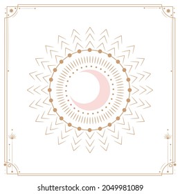 Ilustración vectorial de las fases de la luna. Diferentes etapas de actividad de la luna en estilo de grabado vintage. Signos zodiacos, cristales brillantes