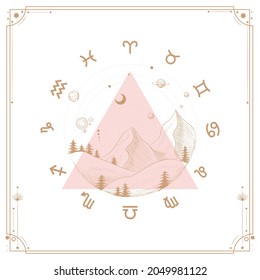 Ilustración vectorial de las fases de la luna. Diferentes etapas de actividad de la luna en estilo de grabado vintage. Signos zodiacos, cristales brillantes