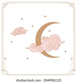Vector illustration set of moon phases. Different stages of moonlight activity in vintage engraving style. Zodiac Signs, shining crystals.