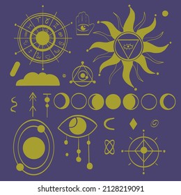 Vector illustration set of moon phases in vintage style. Zodiac Signs. Vector magic with constellations, sun, moon, magic eyes, clouds and stars. Mystical esoteric background