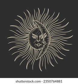 Vector illustration set of moon phases. Different stages of moonlight activity in vintage engraving style. Zodiac Signs