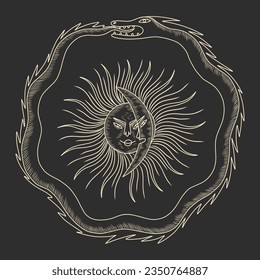 Vector illustration set of moon phases. Different stages of moonlight activity in vintage engraving style. Zodiac Signs