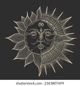 Vector illustration set of moon phases. Different stages of moonlight activity in vintage engraving style. Zodiac Signs