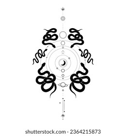 Vector illustration set of moon phases. Different stages of moonlight activity in vintage engraving style. Zodiac Signs