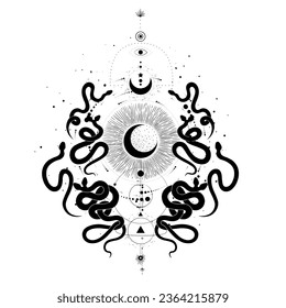 Vector illustration set of moon phases. Different stages of moonlight activity in vintage engraving style. Zodiac Signs