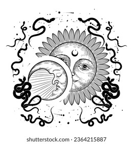 Vector illustration set of moon phases. Different stages of moonlight activity in vintage engraving style. Zodiac Signs