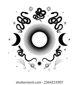 Ilustración vectorial de las fases de la luna. Diferentes etapas de actividad de la luna en estilo de grabado vintage. Signos Zodiac
