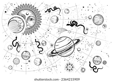 Vector illustration set of moon phases. Different stages of moonlight activity in vintage engraving style. Zodiac Signs