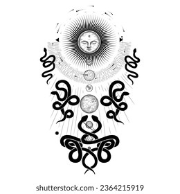 Vector illustration set of moon phases. Different stages of moonlight activity in vintage engraving style. Zodiac Signs