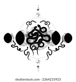 Vector illustration set of moon phases. Different stages of moonlight activity in vintage engraving style. Zodiac Signs