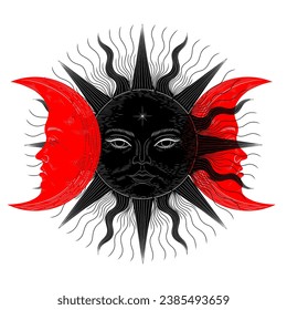 Vector illustration set of moon phases. Different stages of moonlight activity in vintage engraving style. Zodiac Signs