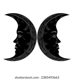 Vector illustration set of moon phases. Different stages of moonlight activity in vintage engraving style. Zodiac Signs