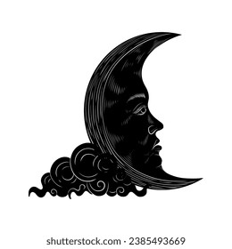 Vector illustration set of moon phases. Different stages of moonlight activity in vintage engraving style. Zodiac Signs