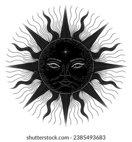 Vector illustration set of moon phases. Different stages of moonlight activity in vintage engraving style. Zodiac Signs