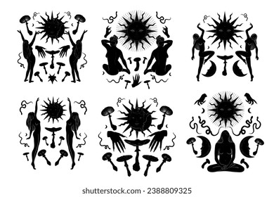 Vector illustration set of moon phases. Different stages of moonlight activity in vintage engraving style. Zodiac Signs