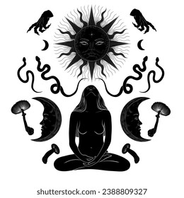 Vector illustration set of moon phases. Different stages of moonlight activity in vintage engraving style. Zodiac Signs