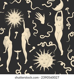 Vector illustration set of moon phases. Different stages of moonlight activity in vintage engraving style. Zodiac Signs
