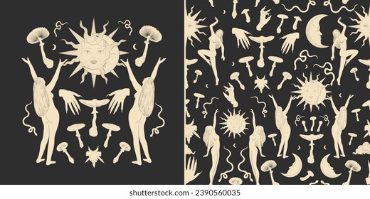 Vector illustration set of moon phases. Different stages of moonlight activity in vintage engraving style. Zodiac Signs