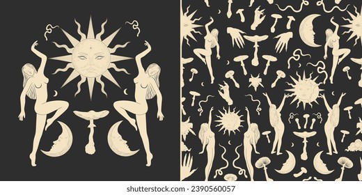 Vector illustration set of moon phases. Different stages of moonlight activity in vintage engraving style. Zodiac Signs