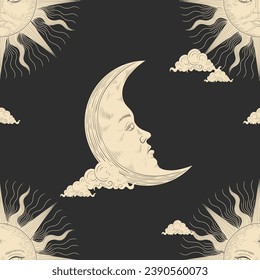 Vector illustration set of moon phases. Different stages of moonlight activity in vintage engraving style. Zodiac Signs