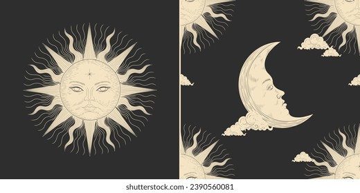 Vector illustration set of moon phases. Different stages of moonlight activity in vintage engraving style. Zodiac Signs