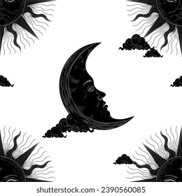 Vector illustration set of moon phases. Different stages of moonlight activity in vintage engraving style. Zodiac Signs