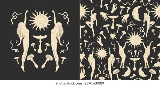 Vector illustration set of moon phases. Different stages of moonlight activity in vintage engraving style. Zodiac Signs