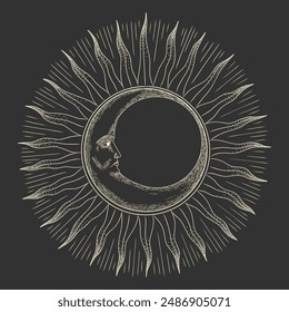 Vector illustration set of moon phases. Different stages of moonlight activity in vintage engraving style. Zodiac Signs	