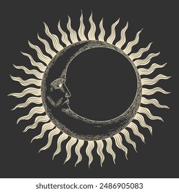 Vector illustration set of moon phases. Different stages of moonlight activity in vintage engraving style. Zodiac Signs	