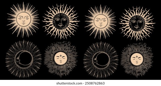 Conjunto de ilustrações vetoriais das fases da lua. Diferentes estágios de atividade luar no estilo de gravura vintage. Sinais do Zodíaco	