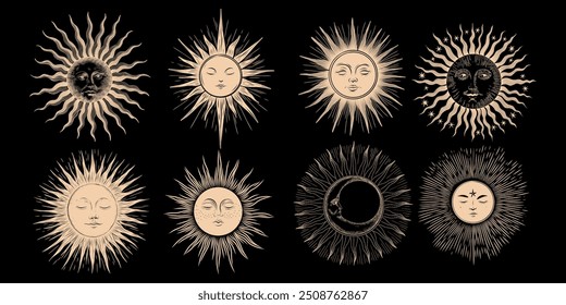 Vector illustration set of moon phases. Different stages of moonlight activity in vintage engraving style. Zodiac Signs	