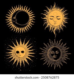 Conjunto de ilustrações vetoriais das fases da lua. Diferentes estágios de atividade luar no estilo de gravura vintage. Sinais do Zodíaco	