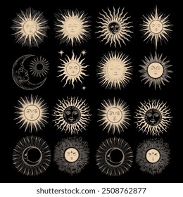 Conjunto de ilustrações vetoriais das fases da lua. Diferentes estágios de atividade luar no estilo de gravura vintage. Sinais do Zodíaco	