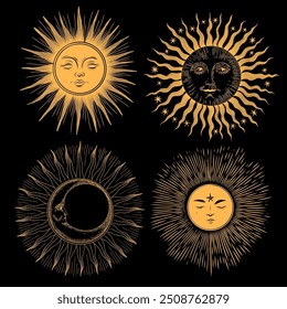 Vector illustration set of moon phases. Different stages of moonlight activity in vintage engraving style. Zodiac Signs	