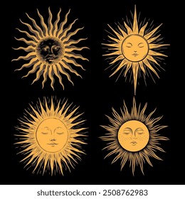 Vector illustration set of moon phases. Different stages of moonlight activity in vintage engraving style. Zodiac Signs	