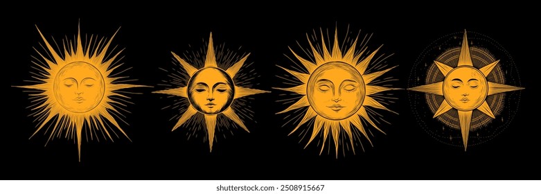 Vector illustration set of moon phases. Different stages of moonlight activity in vintage engraving style. Zodiac Signs	