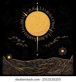 Conjunto de ilustrações vetoriais das fases da lua. Diferentes estágios de atividade luar no estilo de gravura vintage. Sinais do Zodíaco	