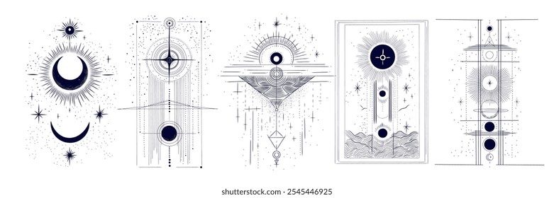 Vector illustration set of moon phases. Different stages of moonlight activity in vintage engraving style. Zodiac Signs