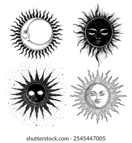 Vector illustration set of moon phases. Different stages of moonlight activity in vintage engraving style. Zodiac Signs