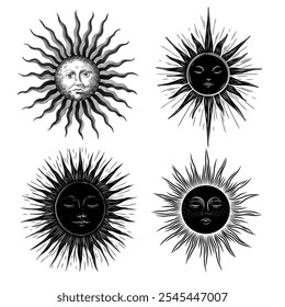 Vector illustration set of moon phases. Different stages of moonlight activity in vintage engraving style. Zodiac Signs