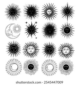 Vector illustration set of moon phases. Different stages of moonlight activity in vintage engraving style. Zodiac Signs