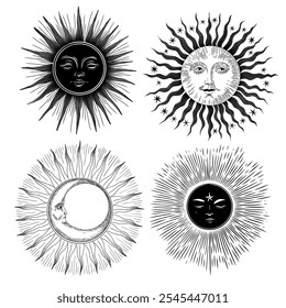 Vector illustration set of moon phases. Different stages of moonlight activity in vintage engraving style. Zodiac Signs