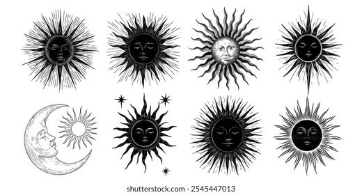 Vector illustration set of moon phases. Different stages of moonlight activity in vintage engraving style. Zodiac Signs