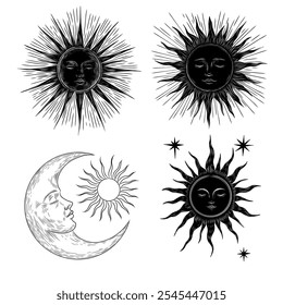 Vector illustration set of moon phases. Different stages of moonlight activity in vintage engraving style. Zodiac Signs