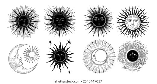 Vector illustration set of moon phases. Different stages of moonlight activity in vintage engraving style. Zodiac Signs