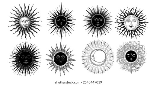 Vector illustration set of moon phases. Different stages of moonlight activity in vintage engraving style. Zodiac Signs